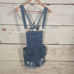 Wax Jean Distressed Blue Denim Short Overalls